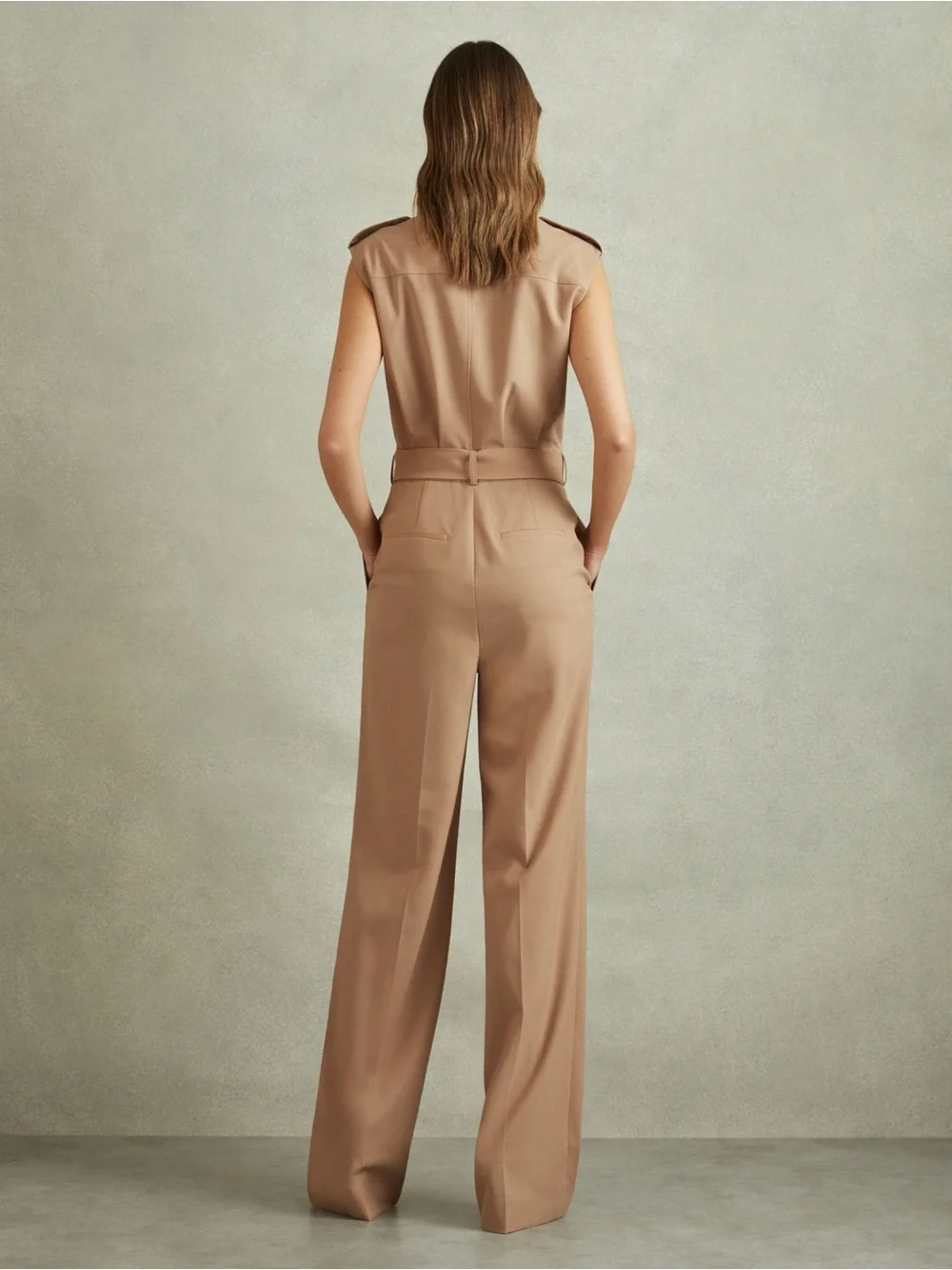 NWT Reiss Sleeveless Belted Jumpsuit in Tan Luisa Size 10 Classic Wrap Front - Picture 4 of 5